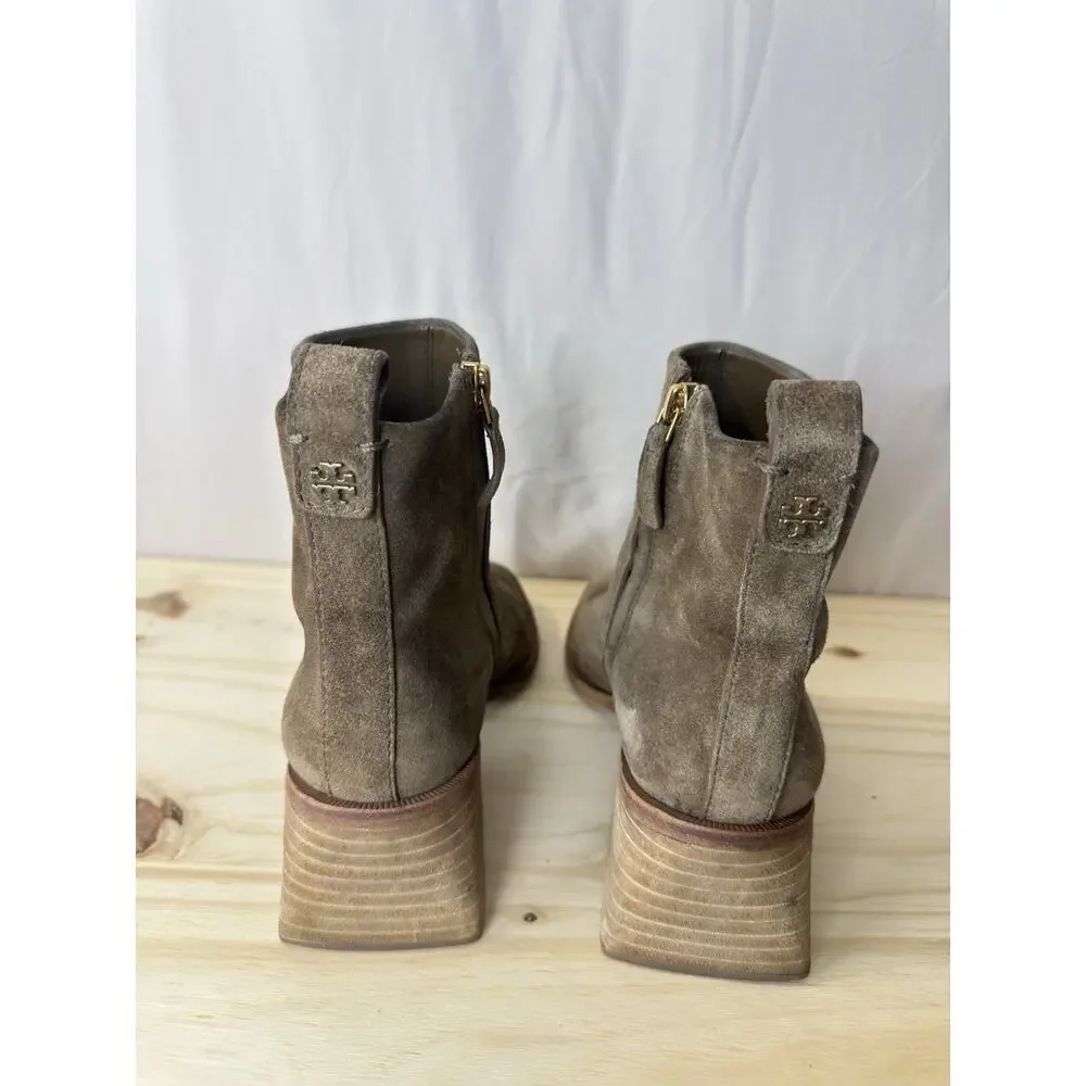 Tory Burch Women’s Brown Suede Ankle Boots, Wood Block Heel, Size 7.5